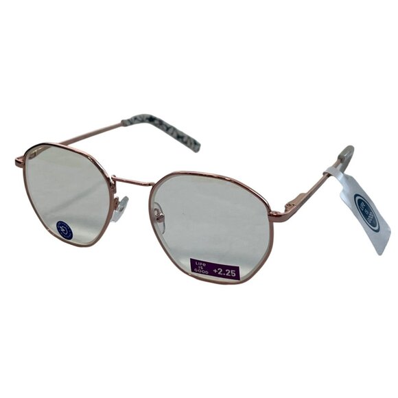 Life Is Good Round Blue Light Blocking Reading Glasses +2.25 Rose Gold Frame - Picture 1 of 9